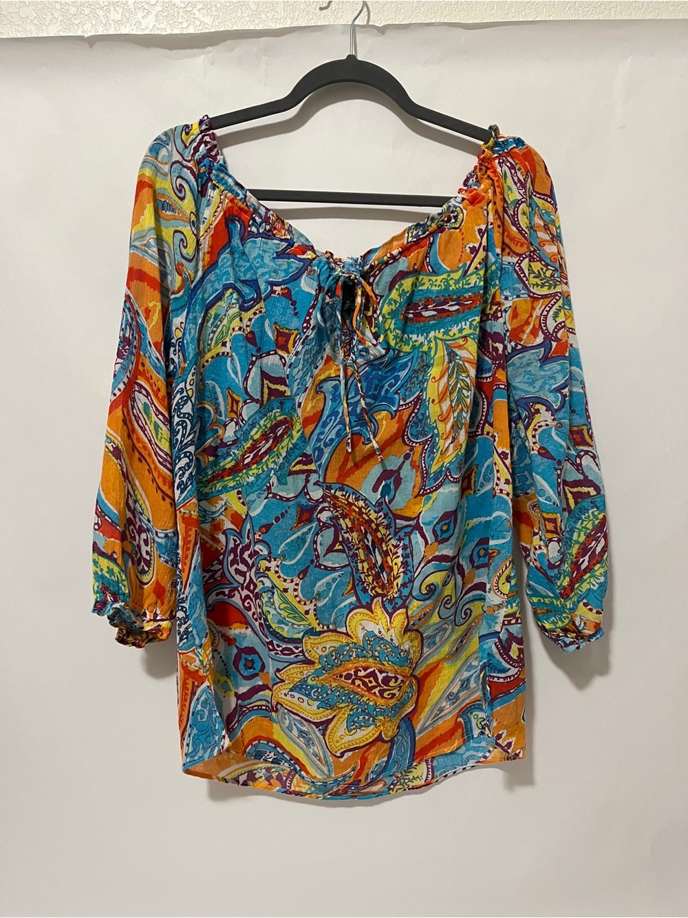 Lauren Ralph Lauren Women Balloon Sleeve Top L Boho Peasant Casual Bright Beach